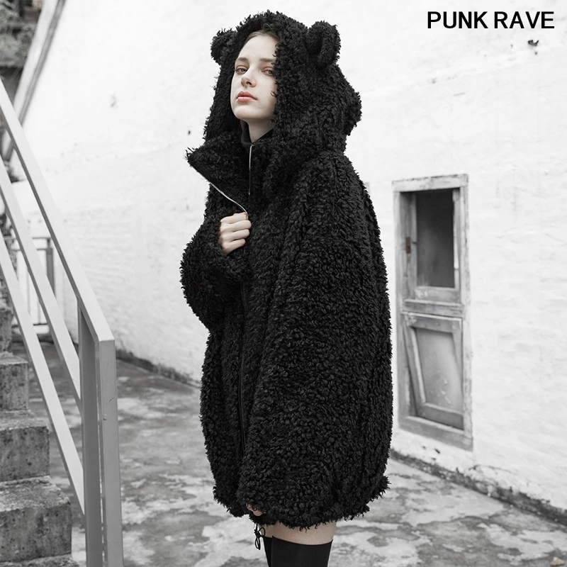 

Fashion Drawstring Removable Big Ear Hat Cute Coat Gothic Casual Flocking Lining Warm Winter Women Jacket PUNK RAVE OPY-387XCF