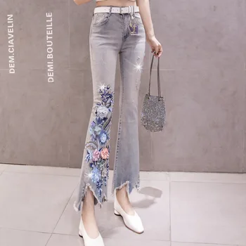 

Svitania Ankle-length Pants Flare Pants High Waist Jeans Women Nail Bead Sequin Flower Jeans