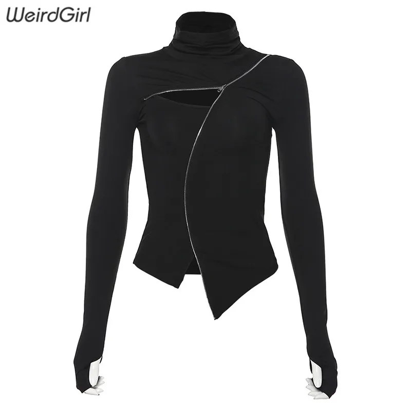 Weirdgirl/Новые осенние толстовки, модное крутое женское платье-водолазка с длинными рукавами, одежда на молнии с отверстиями для большого пальца, женские толстовки с капюшоном - Цвет: Черный