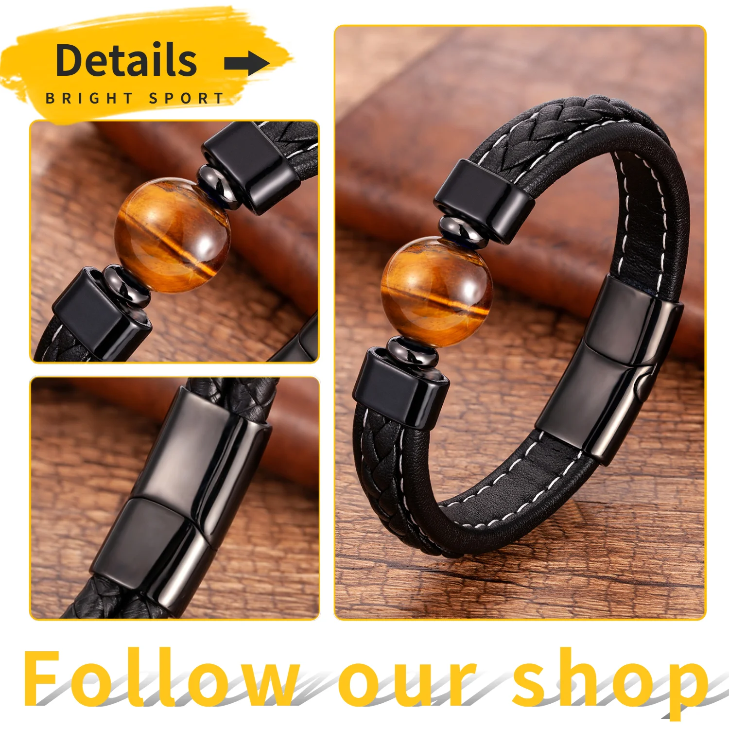 Genuine Leather Bracelets Men Stainless Steel Clasp Charm Bracelet For Male 6 Style Natural Tiger Eye Lava Stone Jewelry