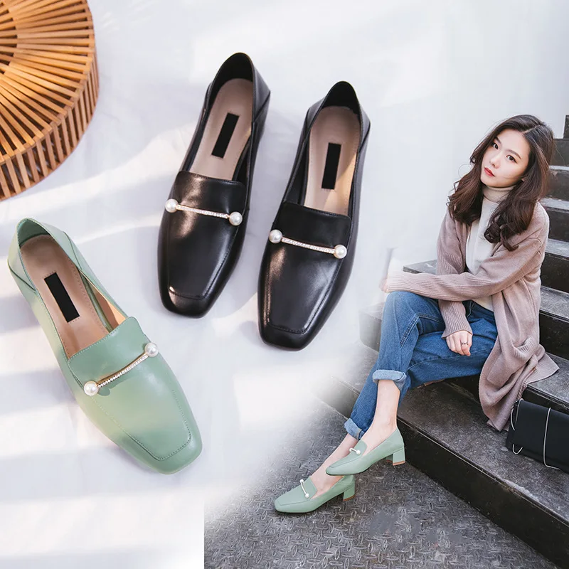 

2019 Spring New Style WOMEN'S Shoes Double Purpose Semi-Step on Slip-on Loafers Semi-high Heeled Chunky-Heel Size Code Square He