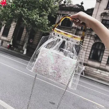 

Women Bags Transparent Chain Handbag PVC Jelly Small Tote Casual Shoulder Handbag Flap Hasp Messenger Bag Mini Clutch Bags