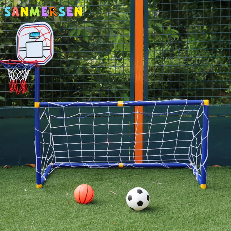 Tbest 2 in 1 Football Basketball Set 2 in 1 Portable Football Basketball Set Soccer Goal Hoop Backboard Sports Toy for Kids Indoor Outdoor Activities 