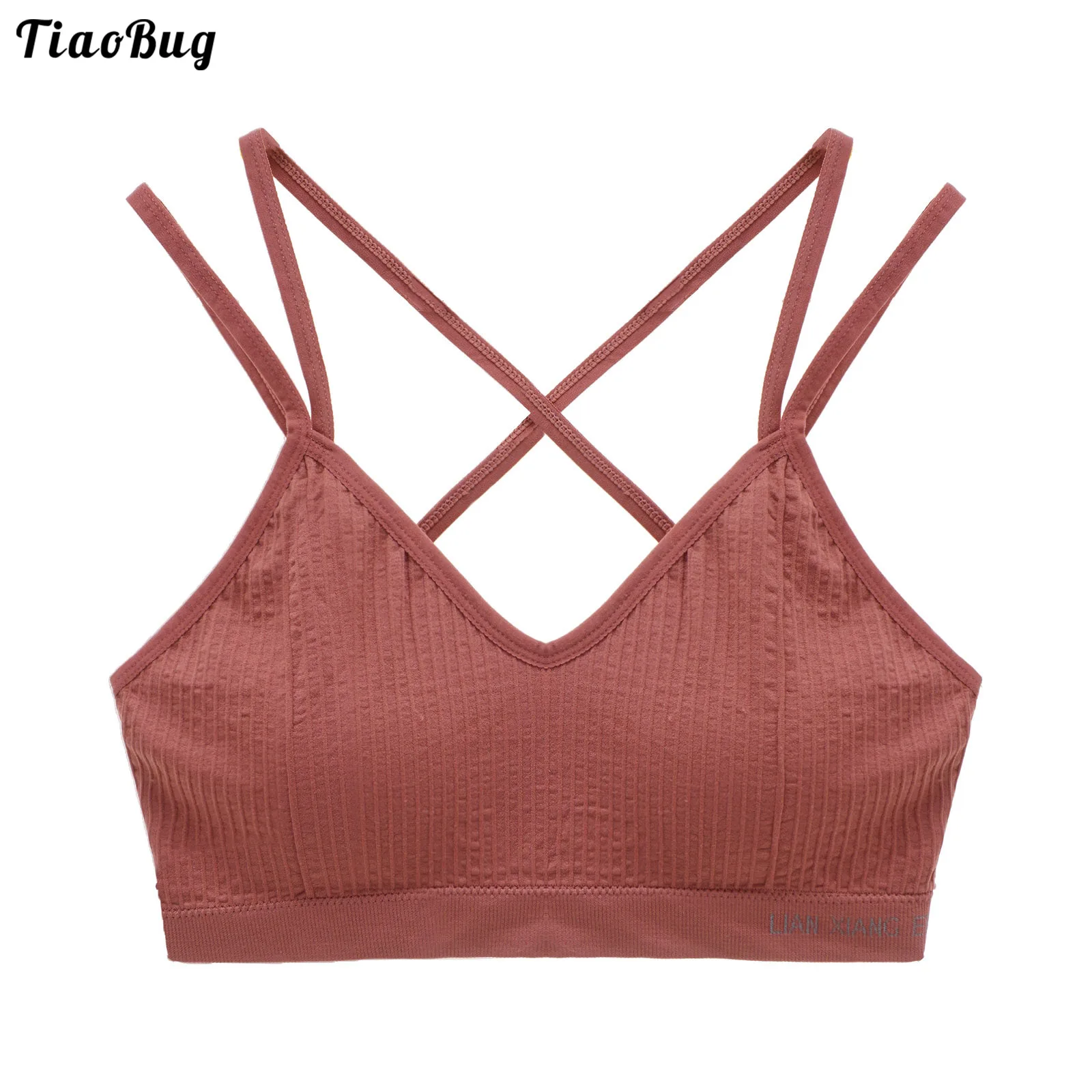 

TiaoBug Women Breathable Plus Size Sport Yoga Fitness Bras V Neck Spaghetti Straps Removable Breast Pads Without Rims Underwear