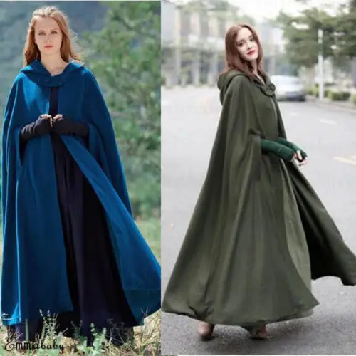 Women Winter Long Cape Cloak Warm Robe Wool Hooded Cloak Jacket Windproof Poncho Coat Costume
