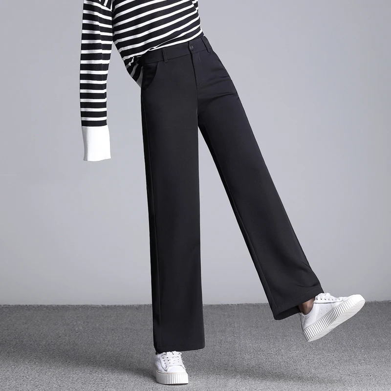 黒ストレートパンツ女性ハイウエストカジュアル床ドラッグワイドレッグパンツ春夏薄型ルースファッションオフィス女性のズボン パンツ カプリパンツ Aliexpress