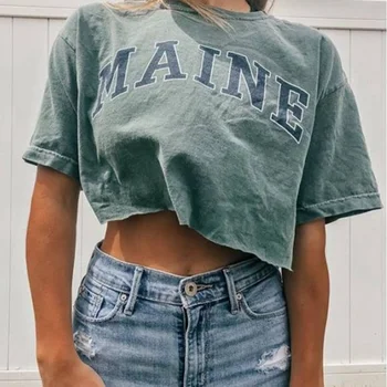 

2020 Summer Women Oversized Tee Shirt Punk MAINE Letter Print Loose Cropped T-shirt Female Harajuku Street Hip Hop Crop Top