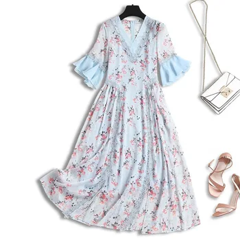 

Women lace chiffon summer dress 2020 pearls beading V-neck patchwork flare sleeve floral print a-line vintage dresses