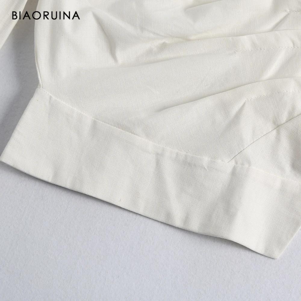 BIAORUINA Женская белая хлопковая льняная Асимметричная рубашка с косой воротником, женская модная универсальная уличная одежда, повседневный короткий топ