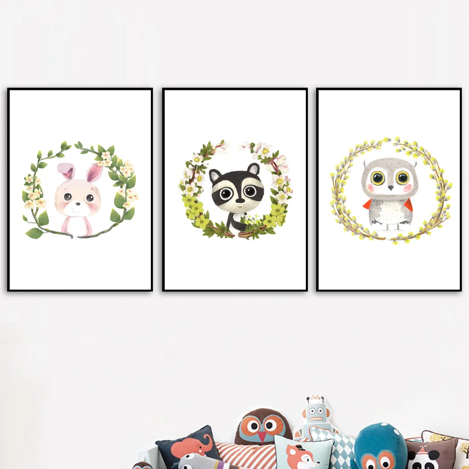 

Woodland Animals Rabbit Owl Raccoon Wreath Wall Art Canvas Painting Nordic Posters And Prints Wall Pictures Baby Kids Room Decor