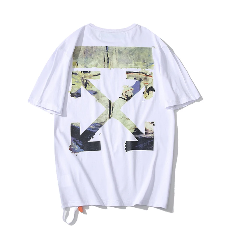 Граффити картина маслом стрела 19ss Off-White OW мужские и женские парные модели влюбленных Модная хлопковая футболка с круглым вырезом и коротким рукавом