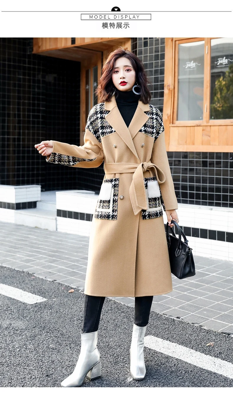 New Women Warm Winter Cashmere Coat Ladies Work Office Elegant Vintage Plaid Long Wool Blends Coats Winter jacket manteau femme