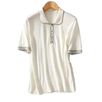 

Women Sweater Rainbow Striped Lapel Short Sleeve Wool Knit Pullover Top