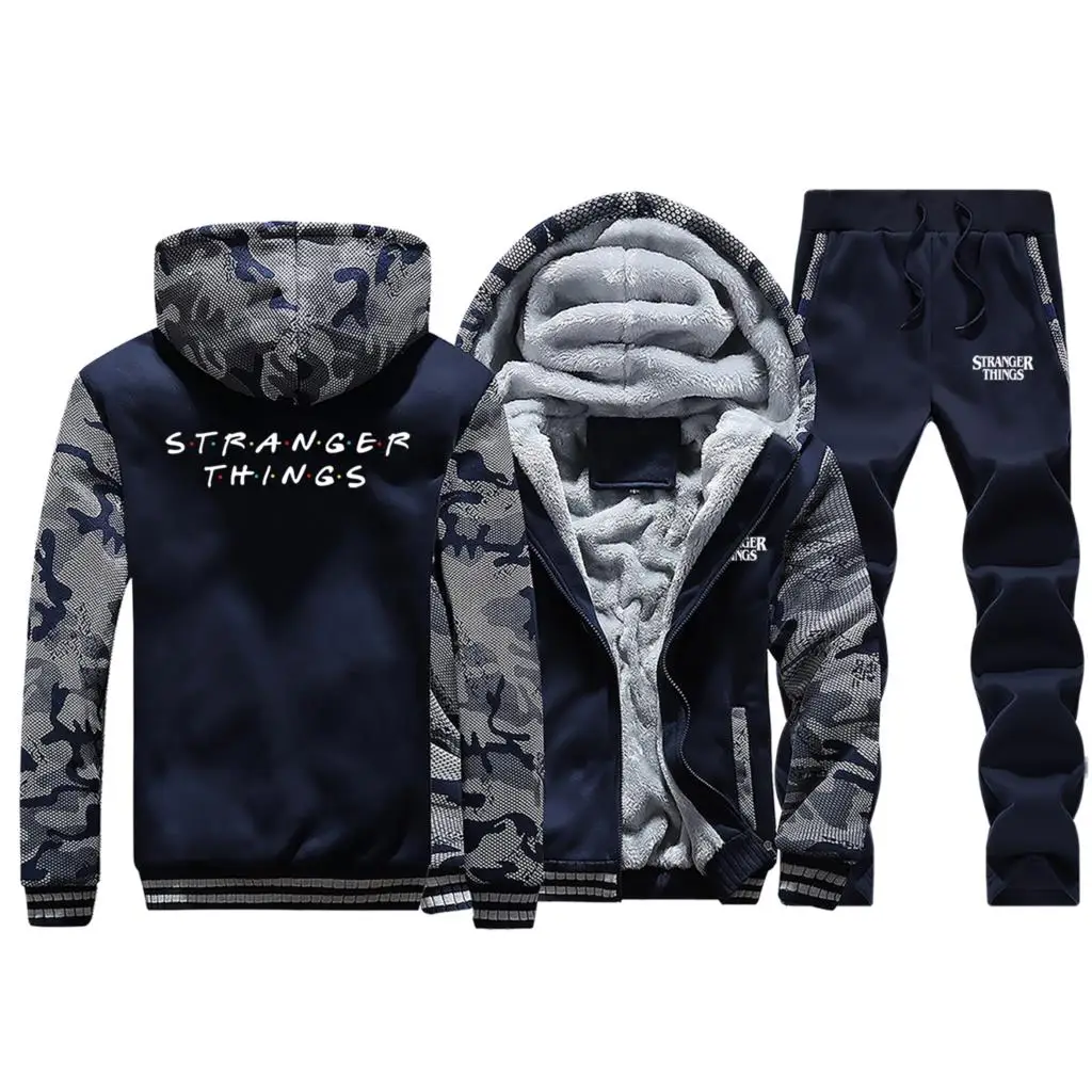 STRANGER THINGS Mens Jacket Zip Warm Sweatpants Winter Streetwear Tracksuit Casual Tops Men Thick Tracksuit Set Two Piece Suits - Color: Dark Blue 5