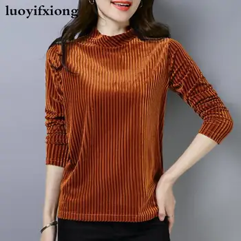 

Fashion Long Sleeve Velour Blouse Women Shirts Stand Collar Korean Striped Women Blouses Plus Size 4XL Ladies Tops Camisas Mujer