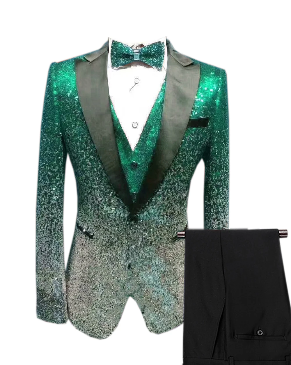 Green-Silver Мужской костюм из 3 предметов с блестками, смокинг с отворотом, блейзер для свадьбы, жениха, Бургундия, золото, серебро, Королевский(Блейзер+ жилет+ брюки - Цвет: Green-Silver