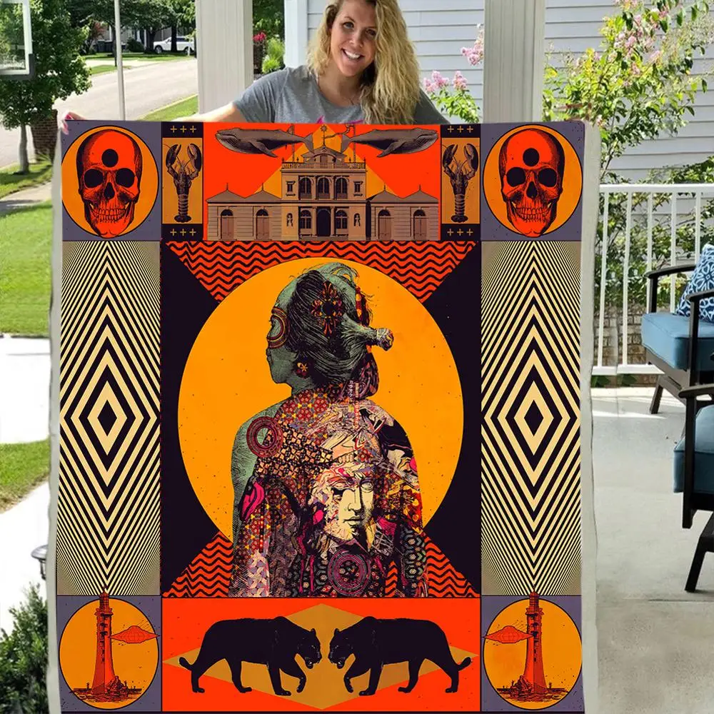 

Custom DIY Print Hippie Sherpa Fleece Blanket Gold Mandala Plush Blanket Victory Sign Retro Blankets For Beds Peace Sign