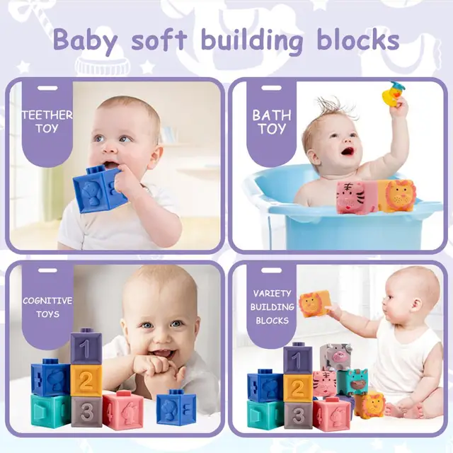 12pcs Baby Sensory Toys Building Silicone Blocks Grasp Toy 3D Silicone Building Blocks Soft Ball Kid Rubber Bath Cube Baby Toy 3