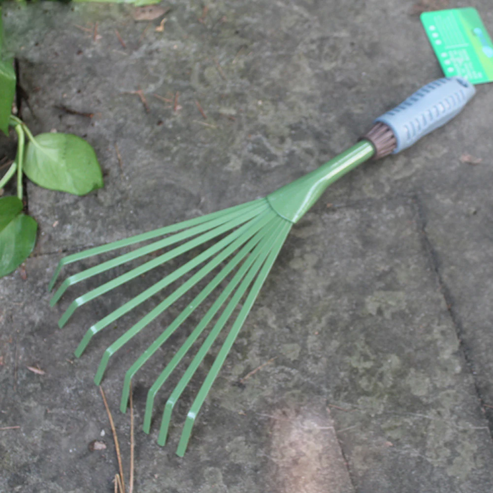 Садовые утолщенные железные портативные зеленые лопаты, практичные прочные грабли для травы, девять зубов, инструменты для рассыпчатой почвы во дворе