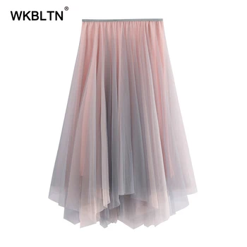

Solid Mesh Irregular Pleated Long Skirt High Waist Half Length Elastic Skirt Women 2020 Spring Summer Elegant Midi Skirt
