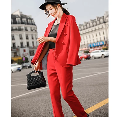Red Pant Suit Комплект из 2 предметов, женский брючный костюм, Модный повседневный Блейзер, куртки и облегающие брюки длиной до щиколотки, комплекты красного, черного, абрикосового, зеленого цвета - Цвет: Red Pant Suit