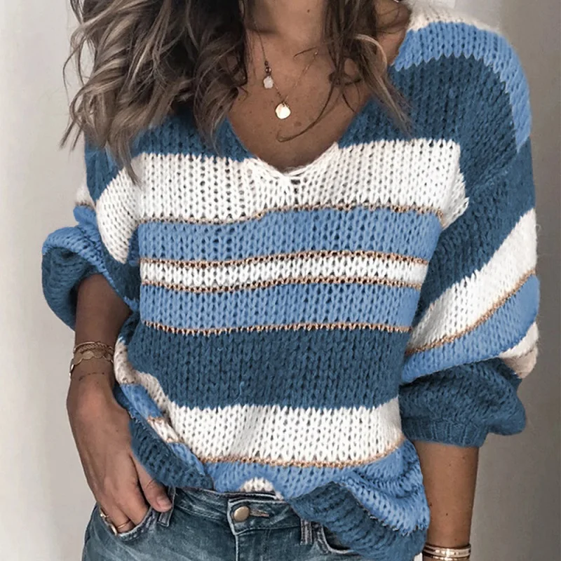 3XL сексуальный вязаный свитер в полоску с круглым вырезом, повседневный Женский пуловер с длинным рукавом, топы на осень и зиму, лоскутный пуловер, джемпер Mujer - Цвет: 03 Blue