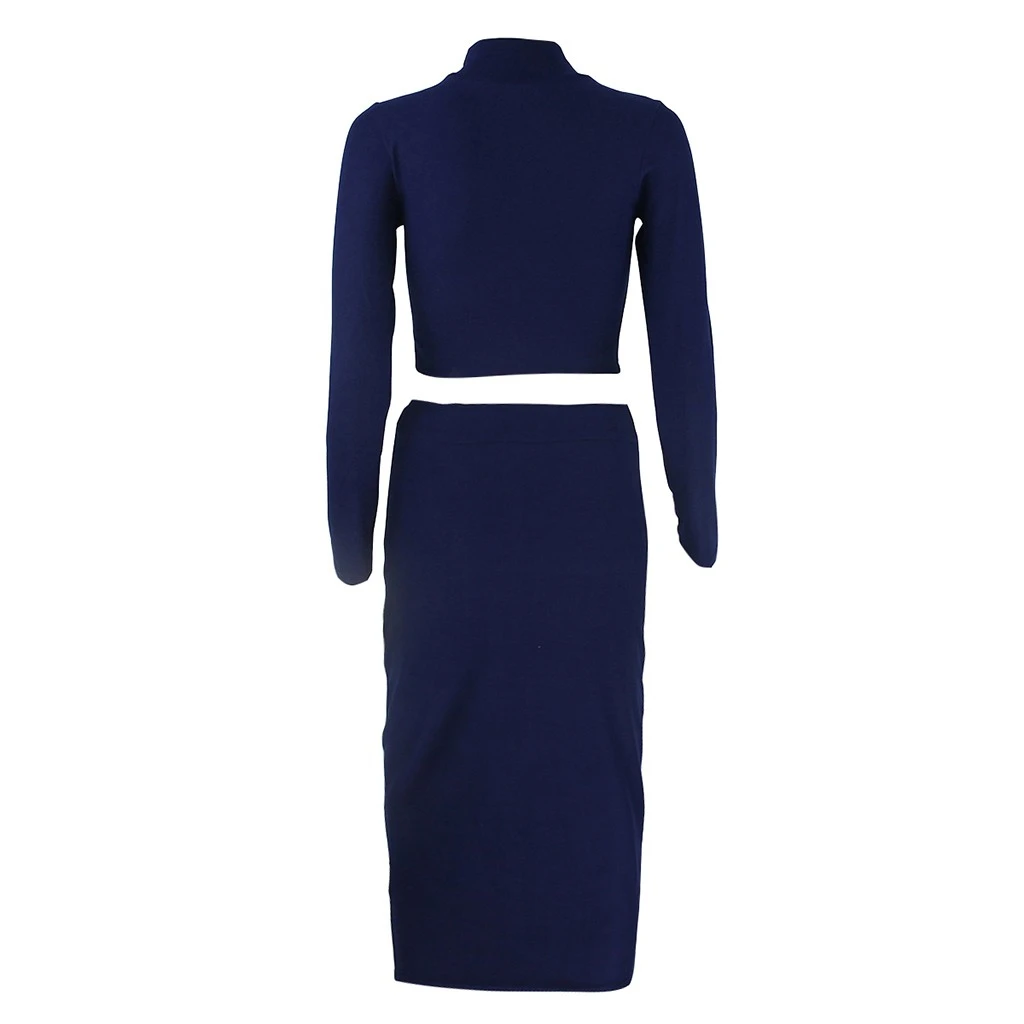 New Mid-Calf Dress Women Autumn O-Neck High Collar Long Sleeve Solid Sexy Two-Piece Tops And Skirt Suit Girl Ladies 729