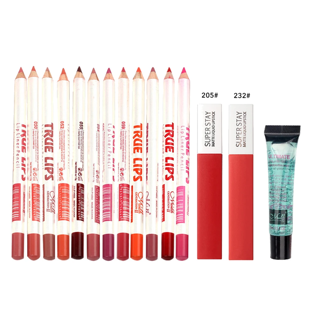15Pcs Waterproof Lip Gloss Gel Lipliner Pencil Kit Sweat Proof Makeup Cosmetic Lip Gloss