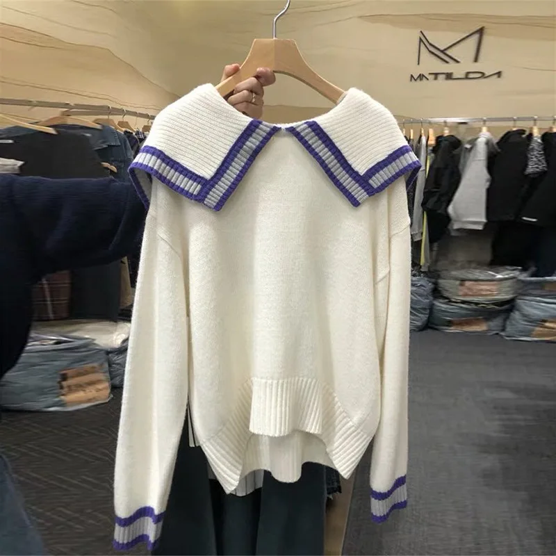 Женский джемпер с длинными рукавами красный и темно синий пуловер в Корейском