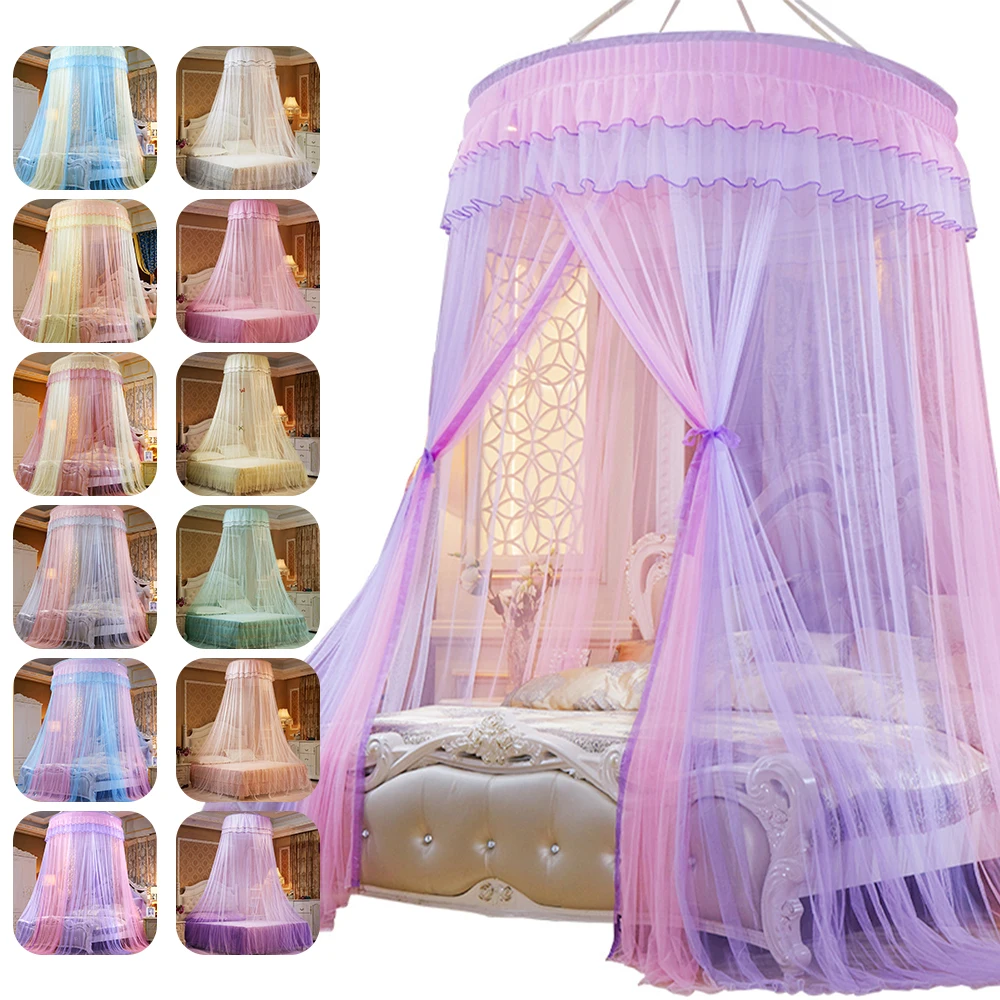 

Bed Canopy Hung Mosquito-proof Net Round Top Princess Bed Tent Curtain Foldable Canopy On The Bed Fairy Lace Dossels Colorful