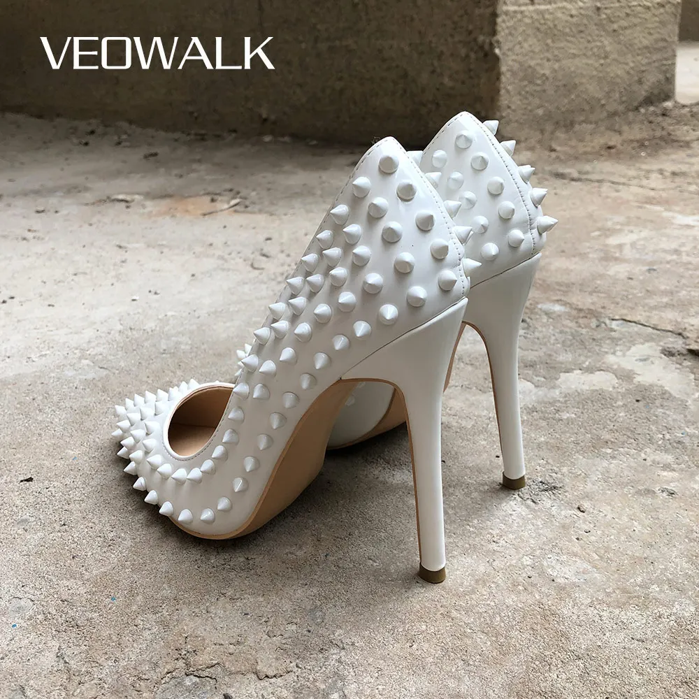 Veowalk White Spikes Women Pointed Stilettos Sexy High Heels Rivets Ladies Slip-on Pumps Night Club Shoes Optional - AliExpress