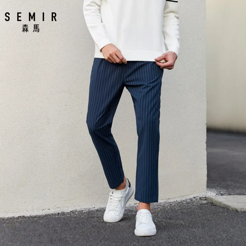 SEMIR мужские модные полосатые брюки длиной до щиколотки, мужские облегающие брюки из мягкого хлопка с эластичным поясом на шнурке, весна
