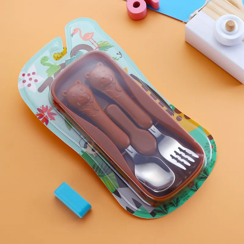 Brown Bear 2 шт./компл. детская посуда набор мультфильм, ложки, вилки, набор для кормления ребенка ложка Нержавеющая сталь столовые приборы Портативный аксессуары для мелкой посуды - Цвет: Brown Bear