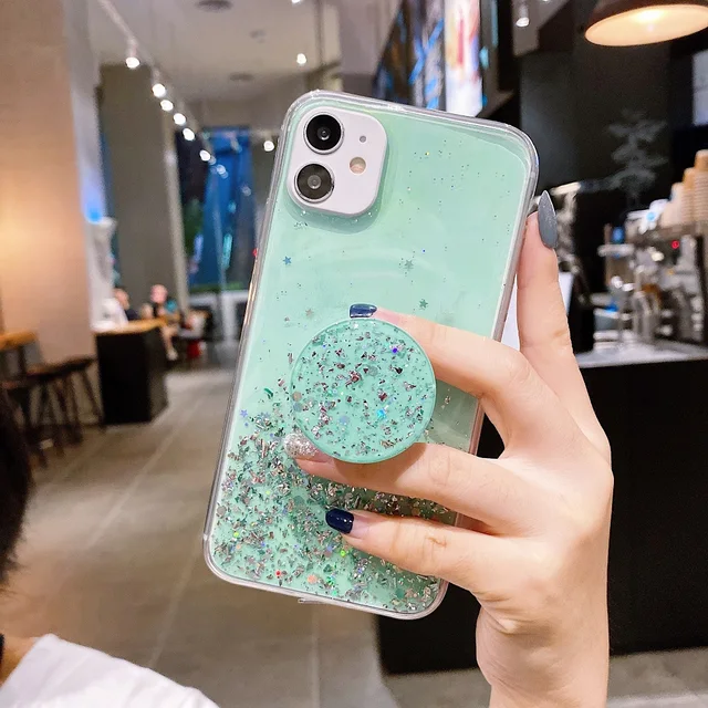 Stand Holder Glitter Case For Vivo X60 X50 X30 X9 X9S X27 Pro X20 V15 V17 V19 V20 SE V21 V21E V5 V7 V9 Plus Silicone Clear Cover Green