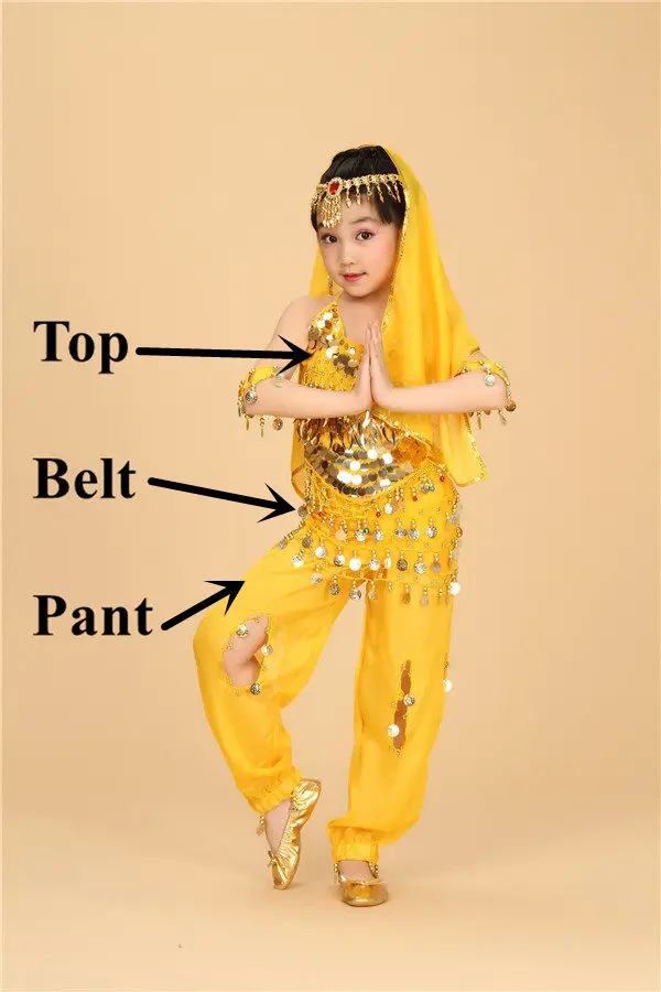 Детский костюм для танца живота, Индийский Болливуд, Восточный Египетский танец живота, платье для девочек, топ для танца живота, штаны, 6 цветов - Цвет: Yellow 3pcs