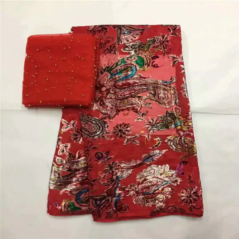 

2019 New Design High Quality Fashion Printed Silk Velvet Fabric 5 Yards And 2 Yards Of Tulle Chiffon Fabric! LXF9238