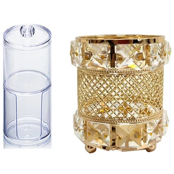 

Metal Crystal Makeup Brush Pen Holder & Two-Layer Acrylic Plastic Transparent Round Storage Box Cotton