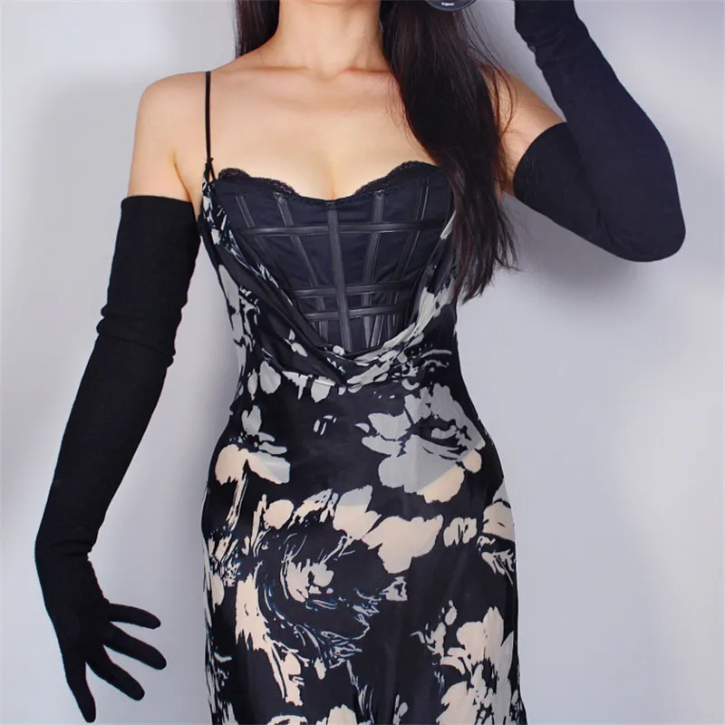 70 см кашемировые перчатки очень длинные шерстяные черные эластичные винтажные Vestido de noche перчатки женские теплые тонкие WYR02 - Цвет: Черный