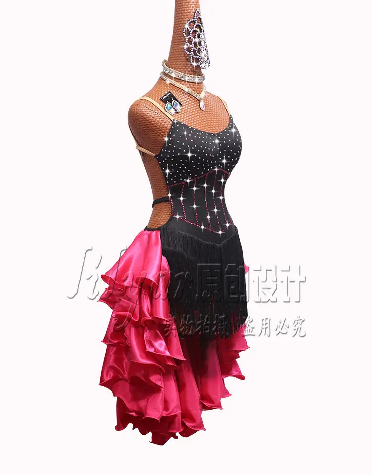 Latin dance competition dress performance dress new high-grade black tassel skirt rose red skirt