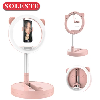 

SOLESTE LED Ring Fill Light Stand selfie Foldable ring light with cell phone holder Camera Video Live Stream selfie light ring