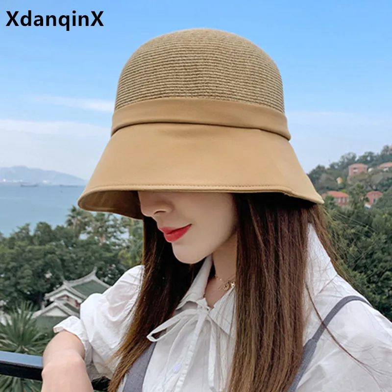 

XdanqinX 2021 Summer Women's Panama Hat Elegant Bucket Hats New Foldable Ladies Beach Hat Straw Top Cloth Brim Cap Travel Hat