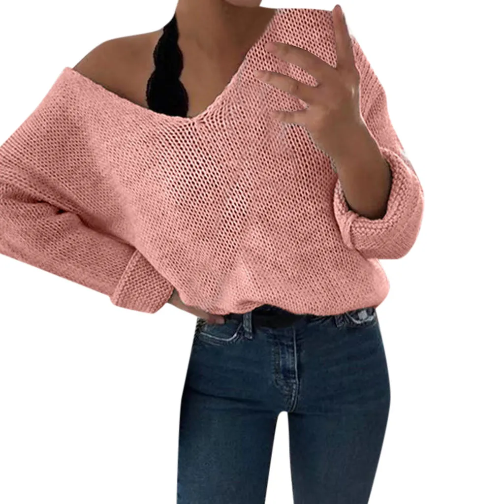 

Women Sweater Feitong 2019 Early Autumn Light Casual Solid Pink Plus Size Full Sleeve V-Neck Lazy Loose Sweater Свитер женский