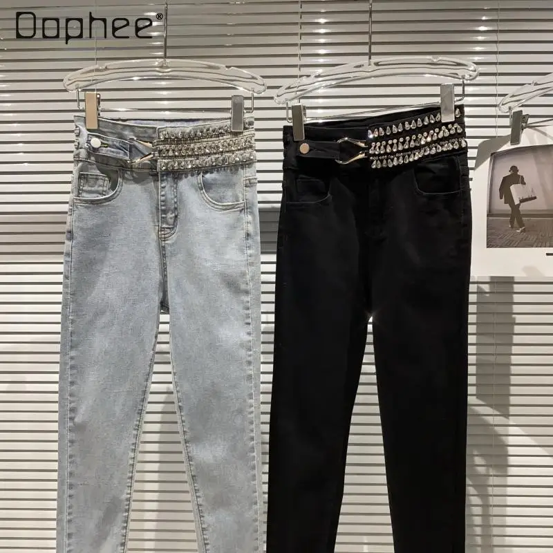 

2021 Fall Women's Clothing Fashion Drop-Shaped Diamond Beaded Heavy Waist Temperament Pencil Jeans Slimming Denim Pants