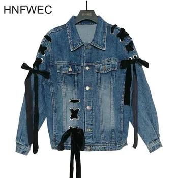 

omen Coat Bow Bandage Denim Jackets Coats Casual Loose All Match Denim Coats Jackets Women Clothes New Fashion V690