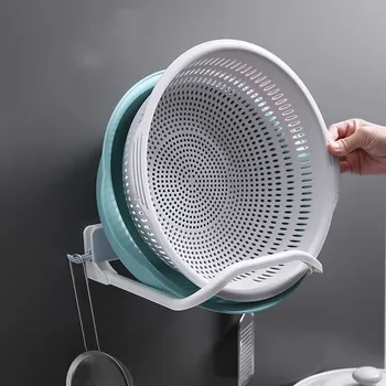 

Plastic Wall Mounted Foldable Wash Basin Storage Rack Pot Lid Shelf Holder Self Adhesive Kitchen Accessories Holder Dish Rack