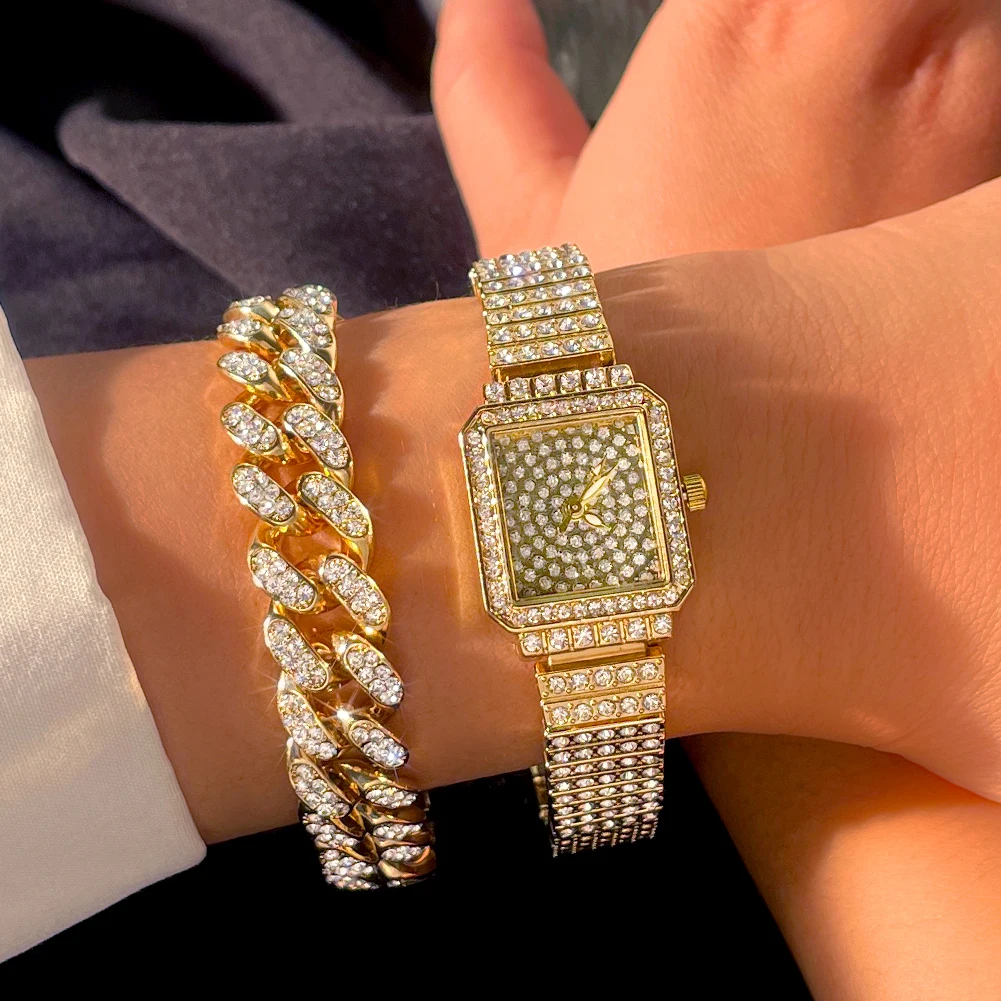 Iced Out Rose Gold Silver Color Watch Women's Luxury Rhinestone Cuban Chain Bracelet Watches Fashion Wrist Watch Hip Hop Jewelry