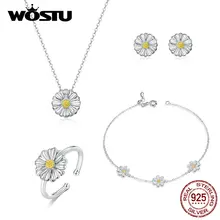 WOSTU, настоящее 925 пробы, Серебряный цветок маргаритки, ювелирный набор, кольца и серьги-гвоздики для женщин, ожерелье и браслет, ювелирный набор
