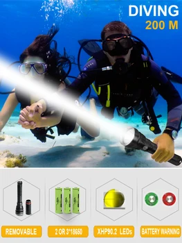 

200m profession xhp90.2 led diving flashlight XHP70 led dive torch IXP8 flashlights for dive 26650 18650 deep sea lantern torch