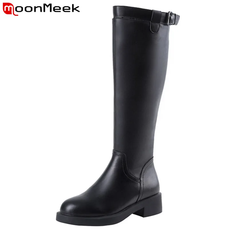 

MoonMeek 2020 new genuine leather boots women round toe zip knee high boots zip square heels ladies prom Riding boots female