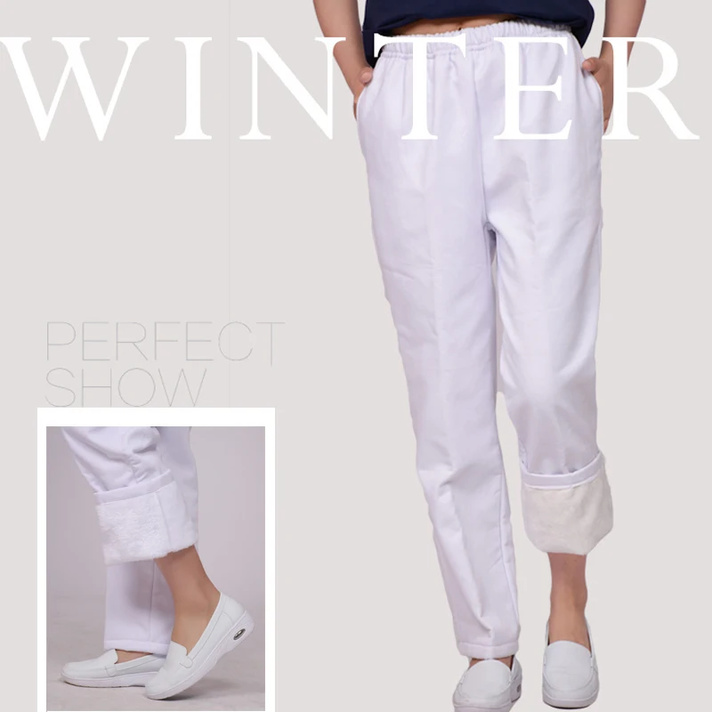 white pants Зимние теплые флисовые брюки санитара Талия на резинке с шнурком медицинская Униформа скраб брюки США размер для женщин мужчин - Цвет: white pants